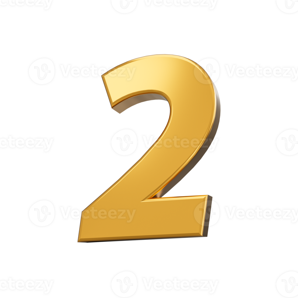 Gold number 2 two . shiny 3d number 2 made of gold 3d illustration png