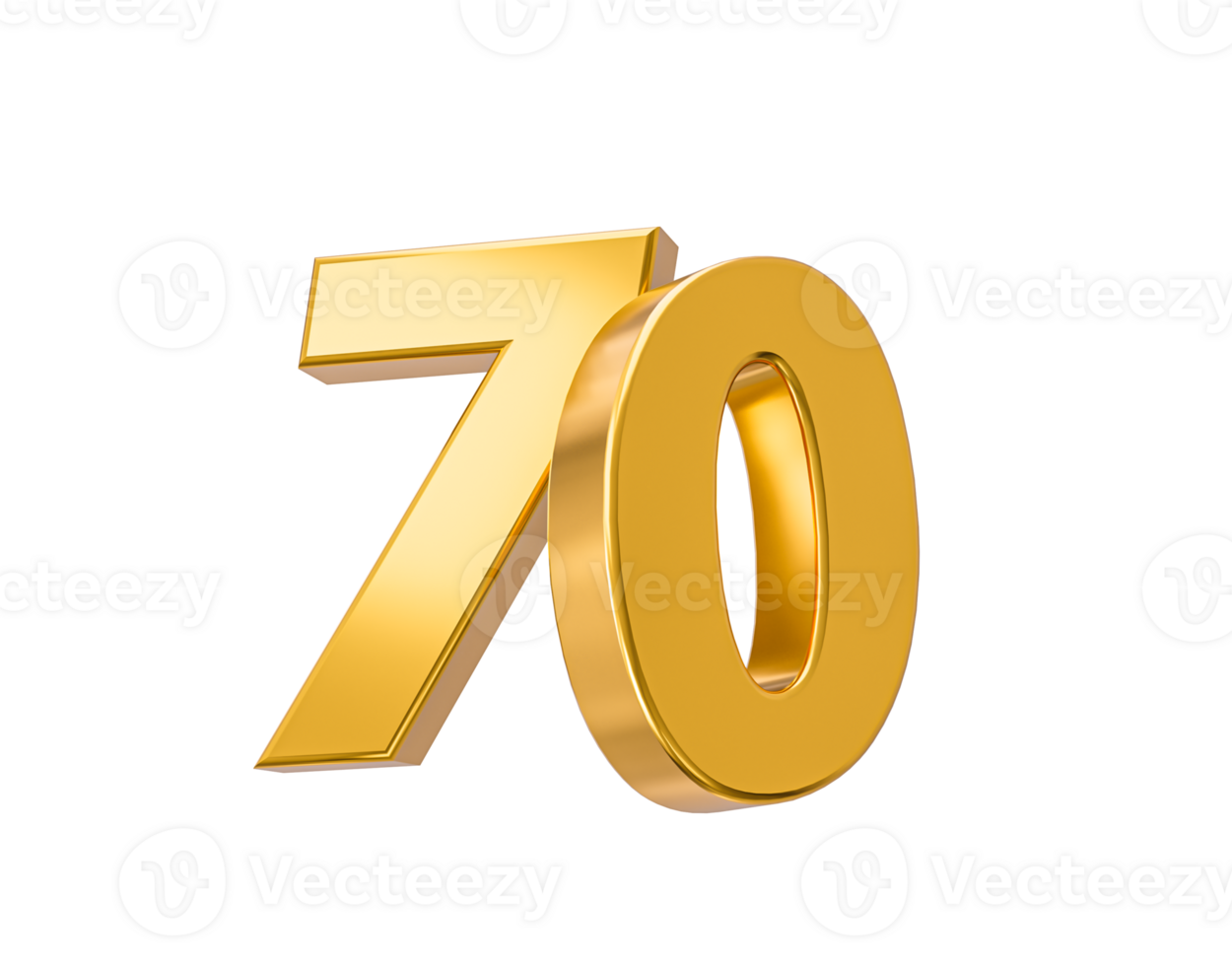 70 pour cent de sur vente. or pour cent isolé 70e anniversaire fête 3d d'or Nombres 3d illustration png