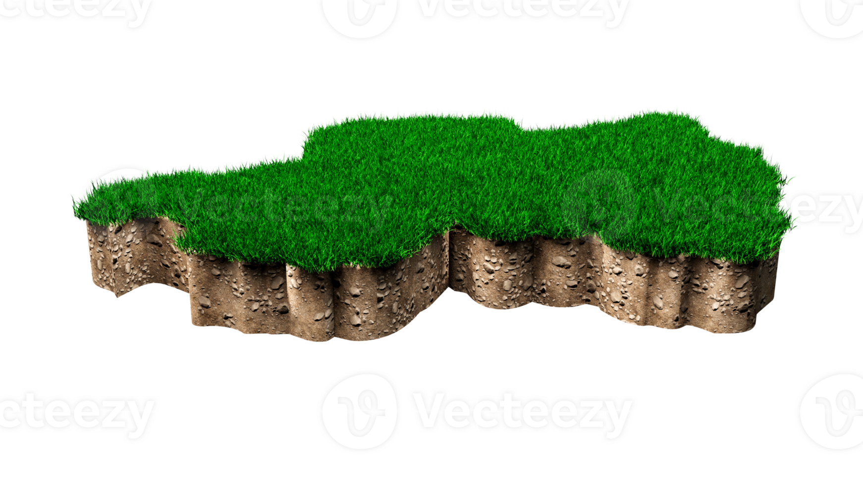 Rwanda Map soil land geology cross section with green grass and Rock ground texture 3d illustration png