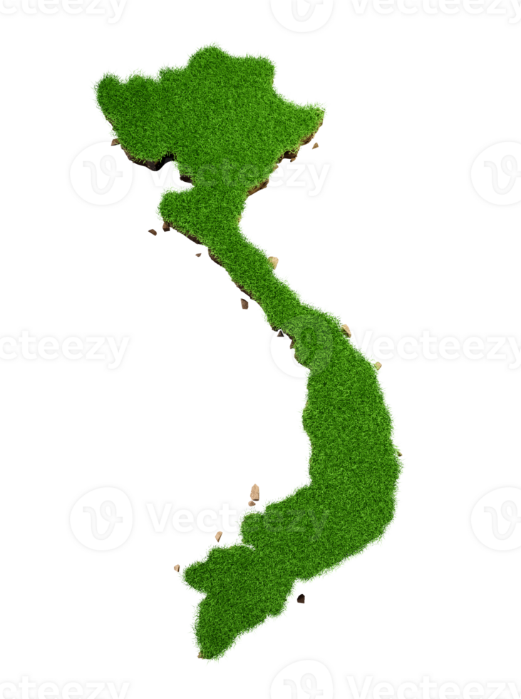 Top view Vietnam Map with green Grass and soil mud 3d illustration png