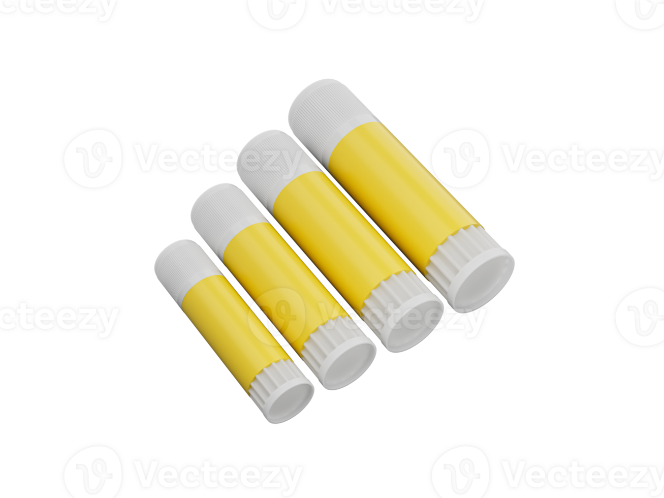 Closeup yellow glue stick with White cap Glues tick set small to large 3d illustration png