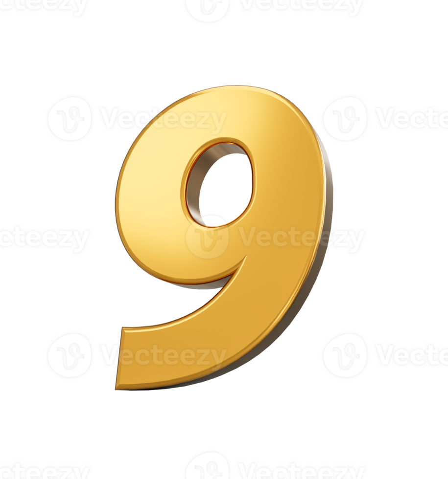 Gold number 9 nine. shiny 3d number 9 made of gold 3d illustration png