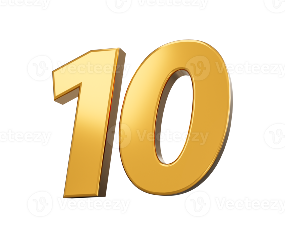 Gold number 10 Ten shiny 3d number 10 made of gold 3d illustration png