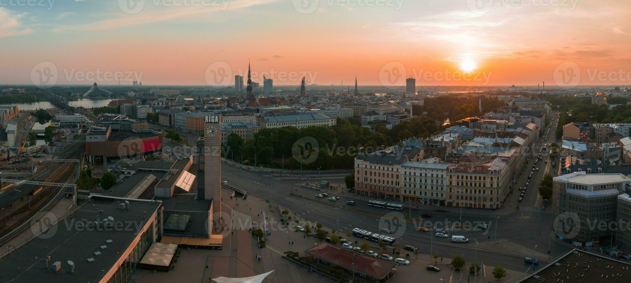Summer sunset in Riga, Latvia. Aerial view of Riga, the capital of Latvia at sunset. photo