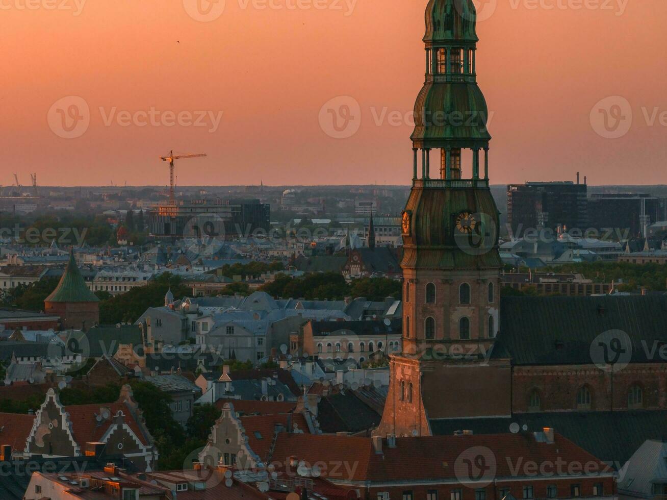 Summer sunset in Riga, Latvia. Aerial view of Riga, the capital of Latvia at sunset. photo