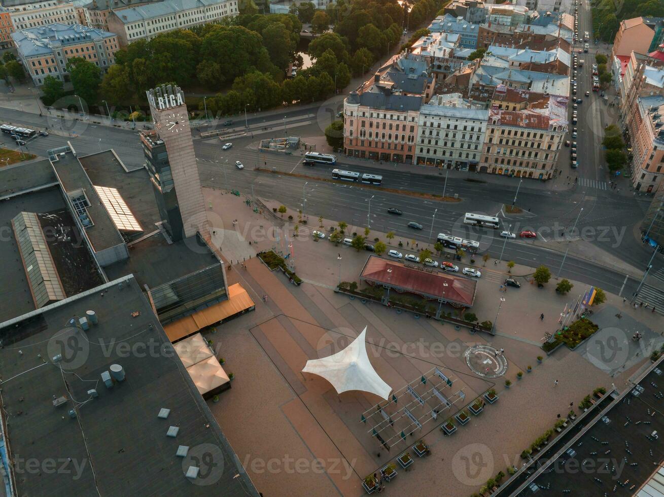 Summer sunset in Riga, Latvia. Aerial view of Riga, the capital of Latvia at sunset. photo