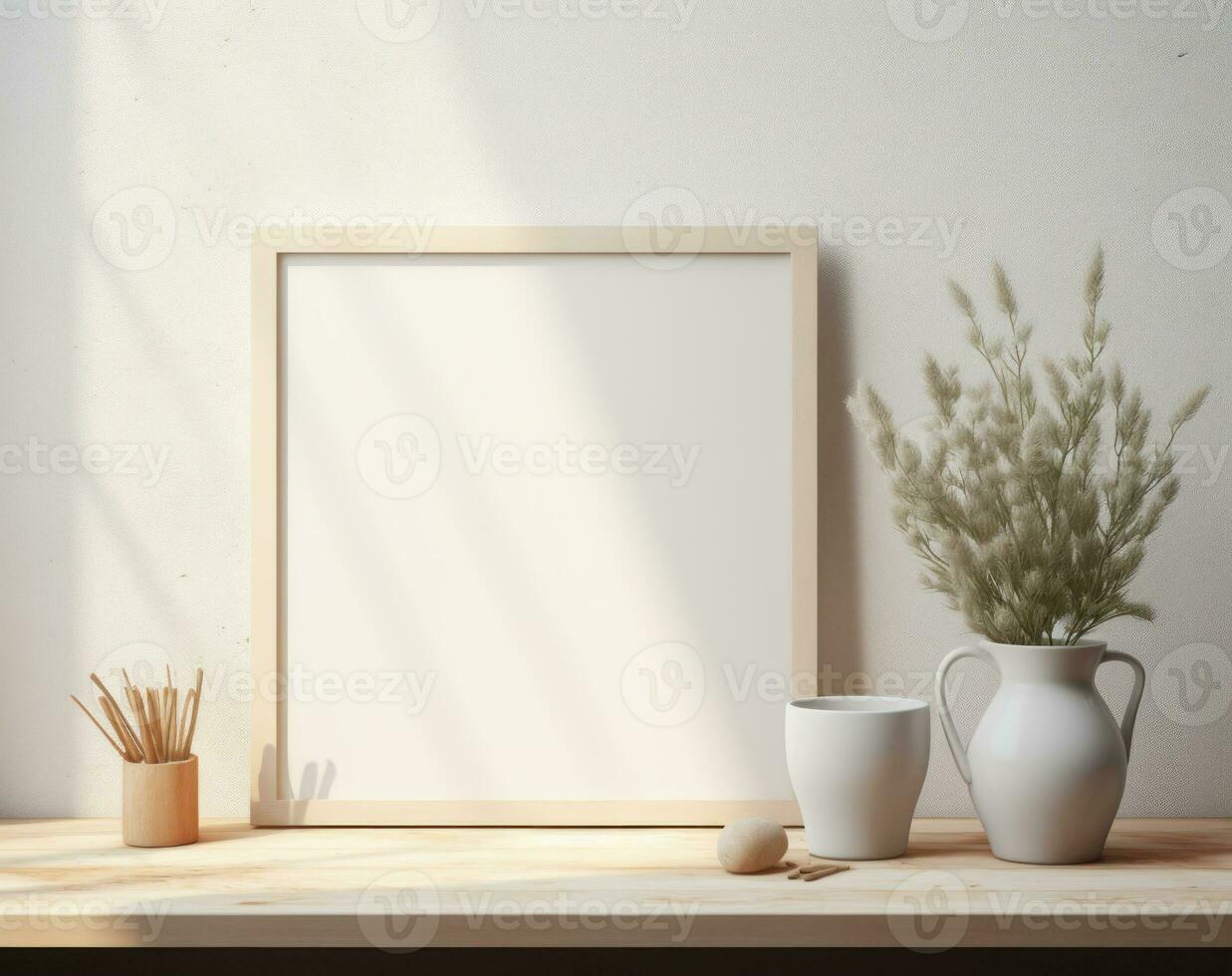 three dimensional mockup of a desk with plants and vase AI Generated photo