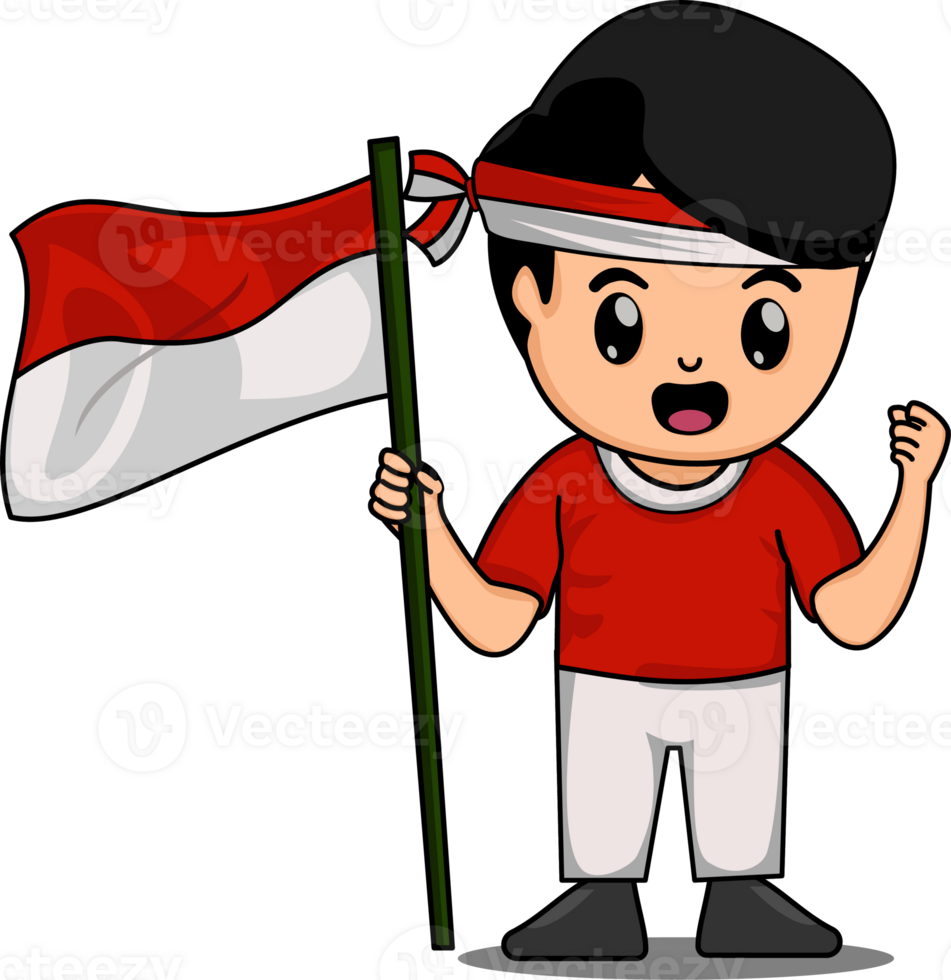 cute boy holding indonesia flag cartoon illustration png