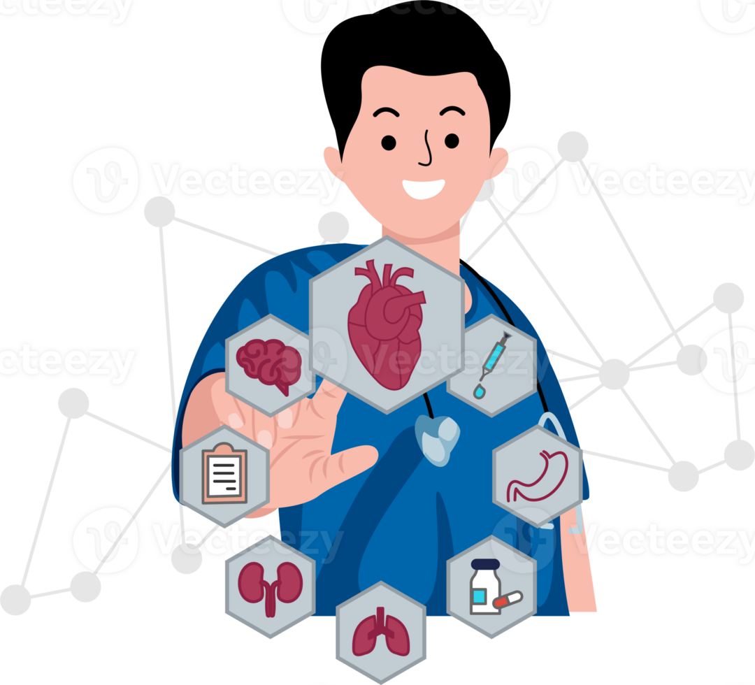 cardioloog dokter onderzoeken geduldig hart functies en bloed vaartuig Aan virtueel koppel. medisch technologie naar diagnostiseren hart wanorde en ziekte png