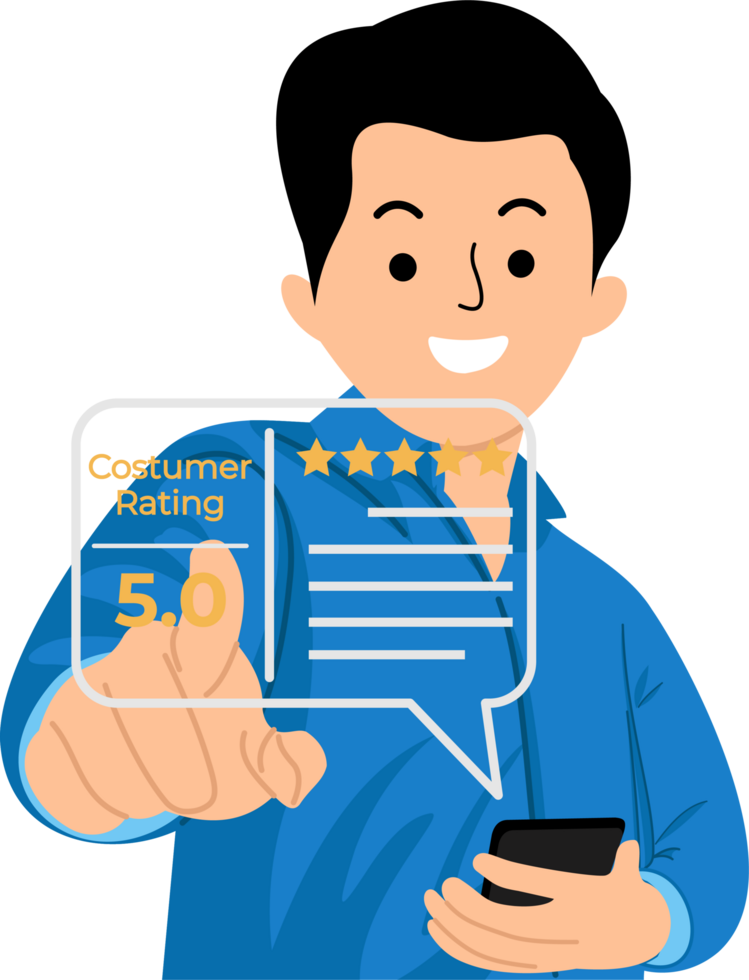 Customer review satisfaction feedback survey concept. Man or User give rating to service excellent experience on a phone application png