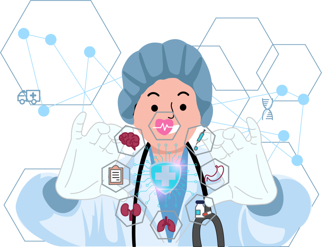 doctor touching medical icon on virtual screen png