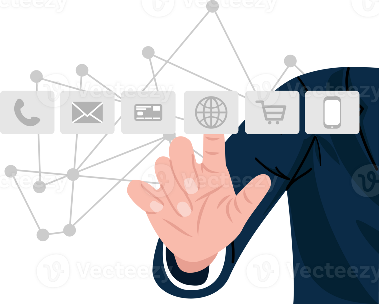 Businessman touching point virtual to target customer. notification social multimedia icons internet connection application digital png