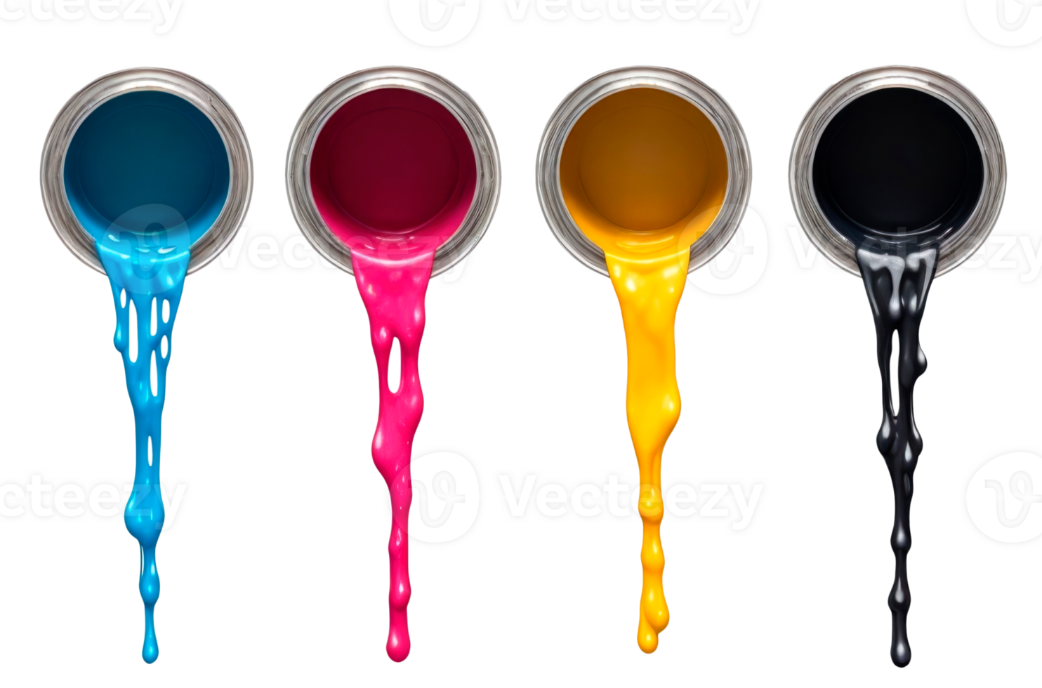 CMYK colors paint dripping out from cans isolated on a transparent background. AI Generative png