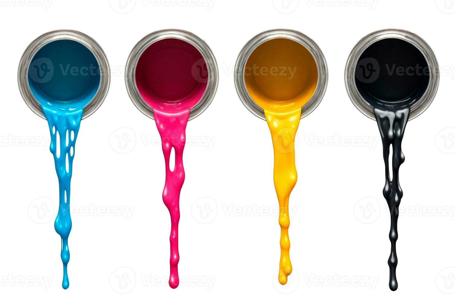 CMYK colors paint dripping out from cans isolated on a white background. AI Generative photo