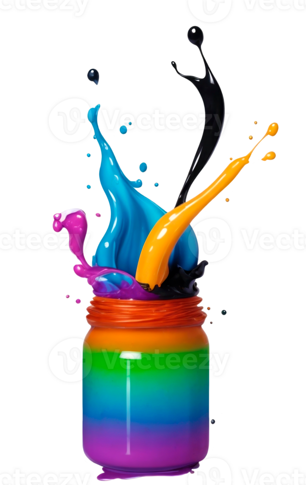 Multicolored paint splashing out of can isolated on transparent background. AI Generative png