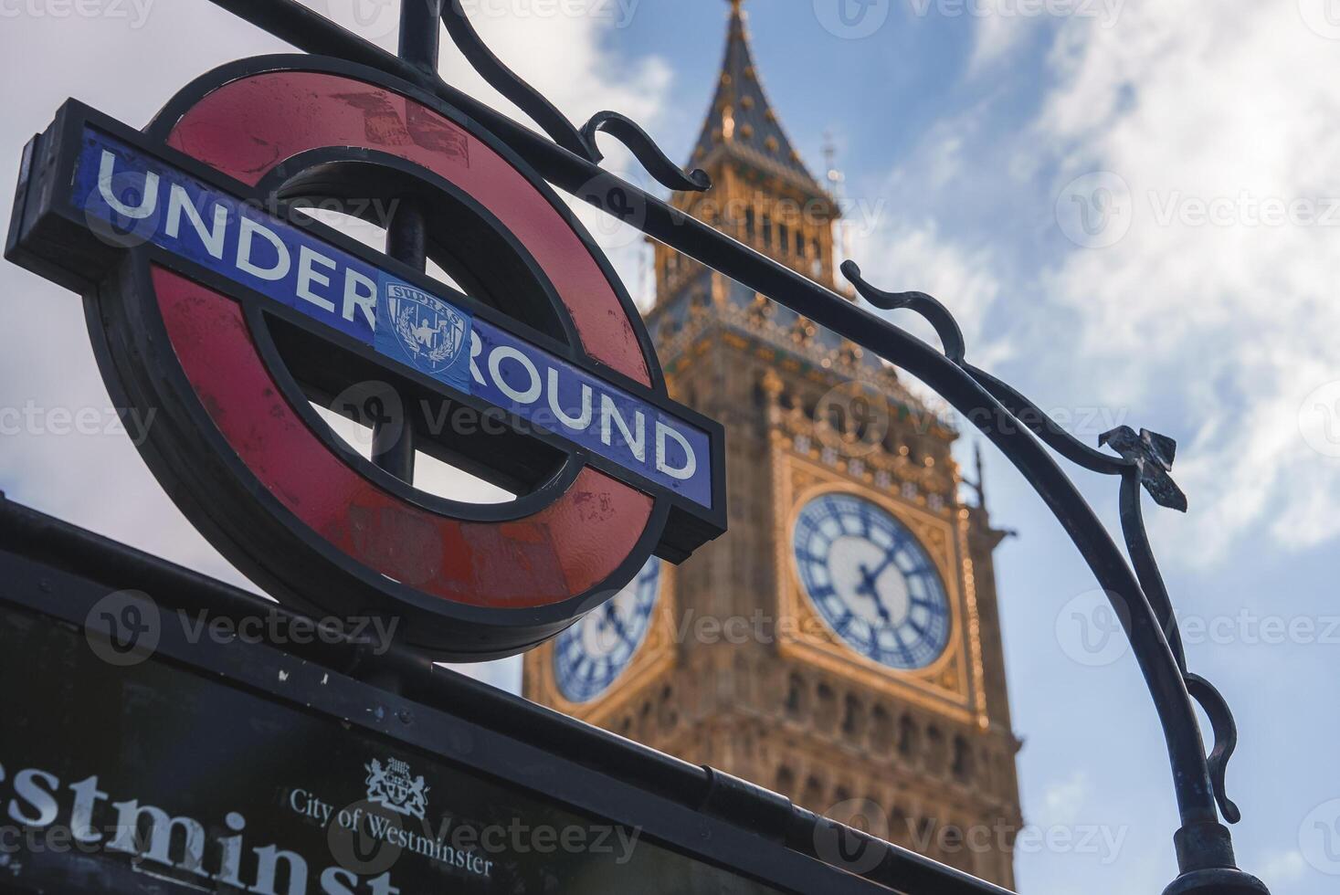 Closeup of underground station signboard with famous Big Ben in