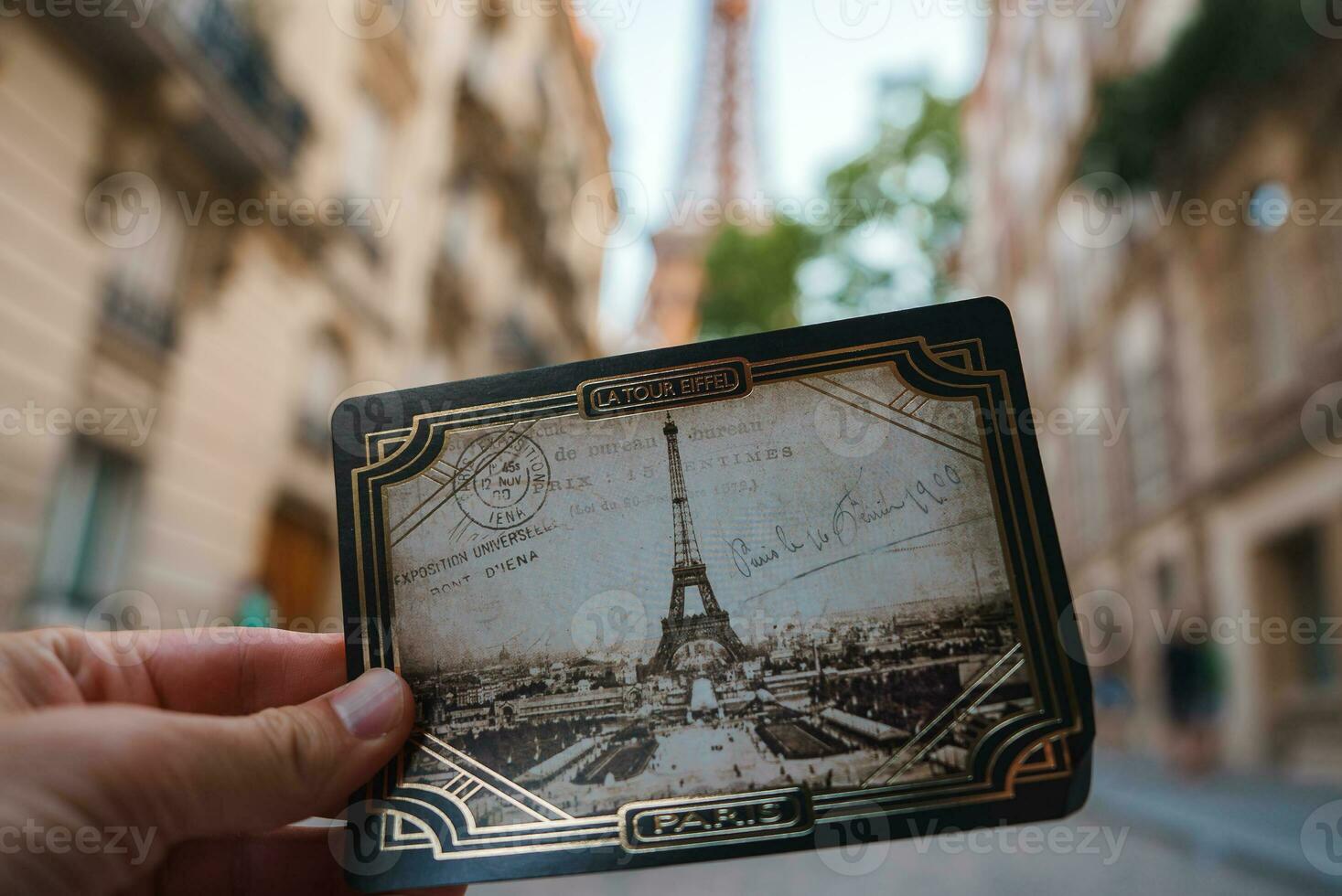 Joyful Person Posing with Eiffel Tower Picture photo