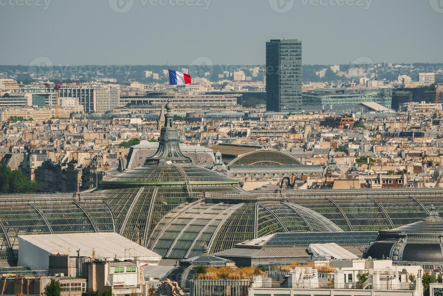 soleado París paisaje urbano con lumbrera edificio foto