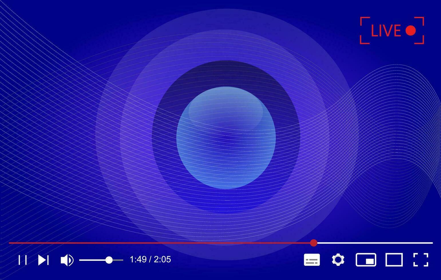 Multimedia video player with blue wavy background, live streaming cover, vector illustration