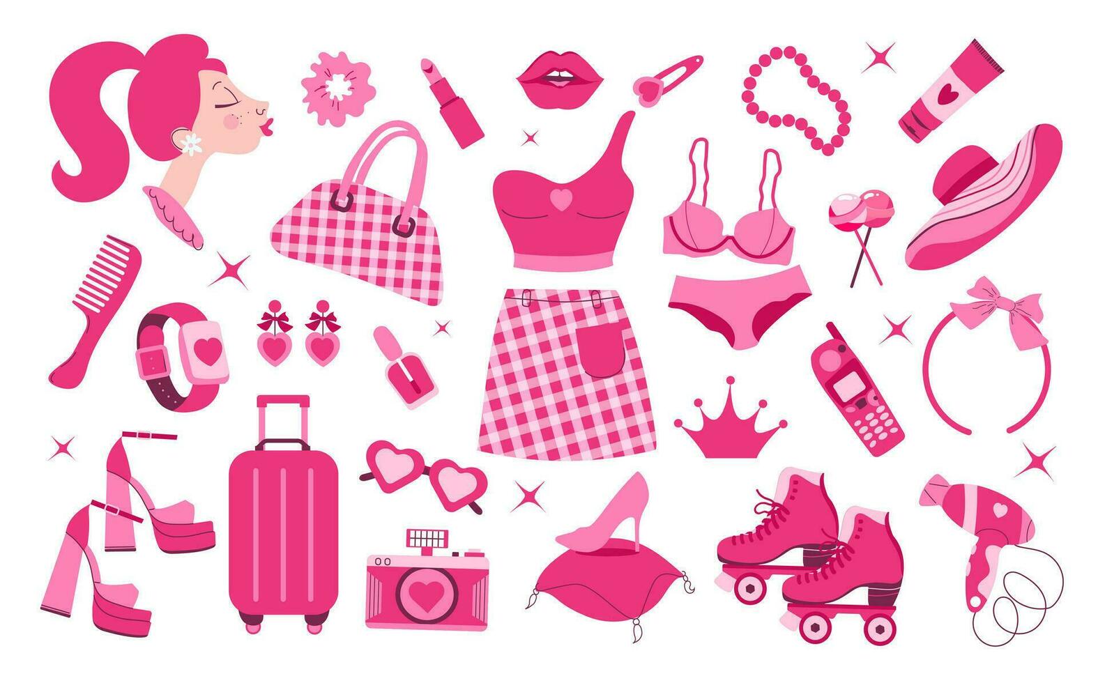 Big set of glamorous trendy pink stickers. Nostalgic barbiecore 2000s style collection. Used to create attractive jewelry, stationery. vector