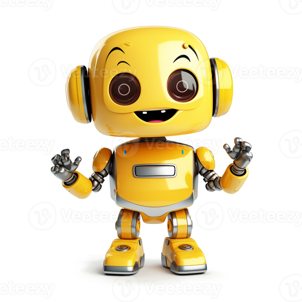 Yellow cute robot raising hand to greet human on transparent background. png