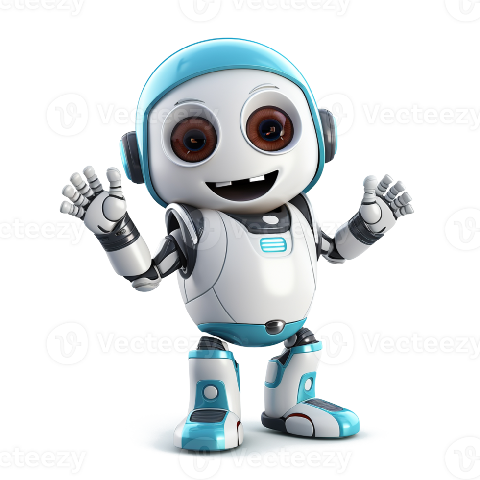 Cute white robot raising his hands in greeting on transparent background. png