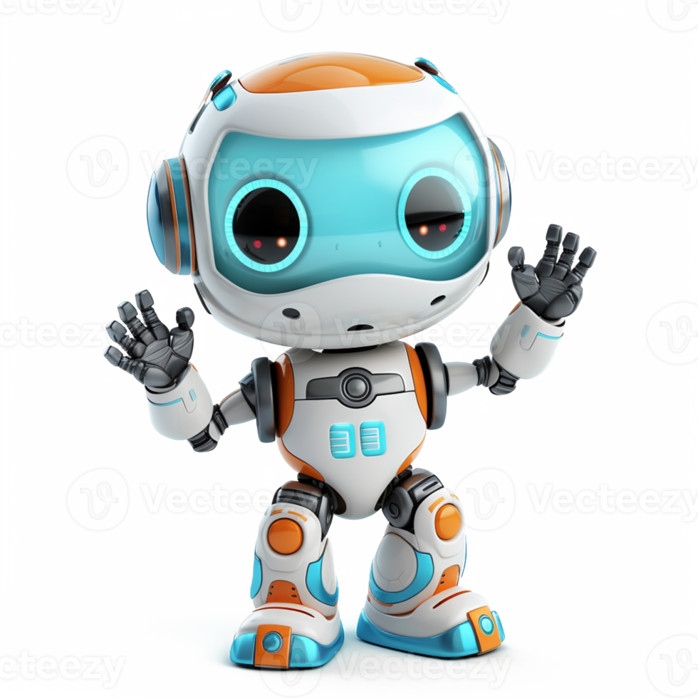 Cute white robot raising his hands in greeting on transparent background. png