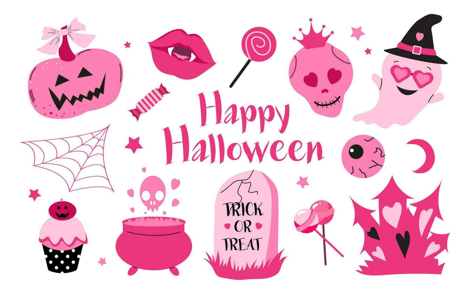 Happy Halloween. Pink fashion set, pink doll icons in Barbiecore style. Vector illustration