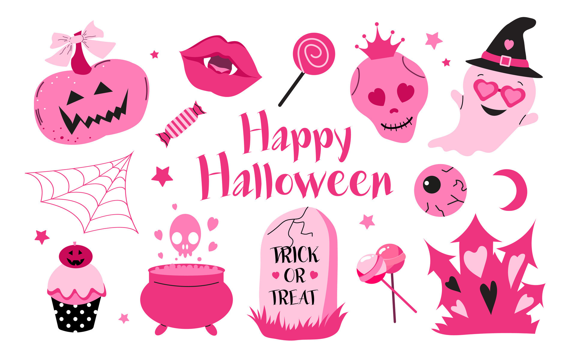 Happy Halloween. Pink fashion set, pink doll icons in Barbiecore style