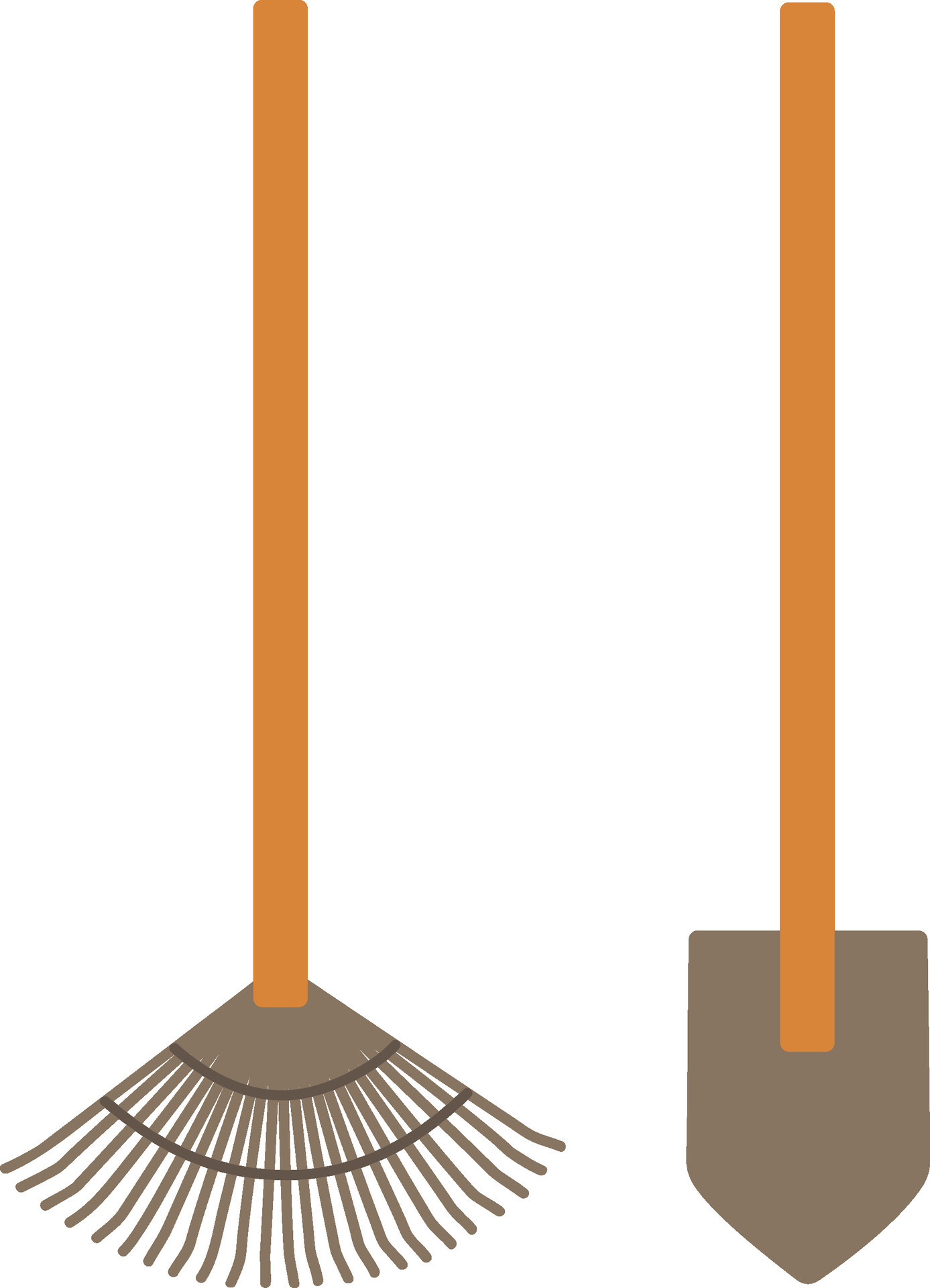 garden tools of trowel and rake in a cute flat handdrawn style