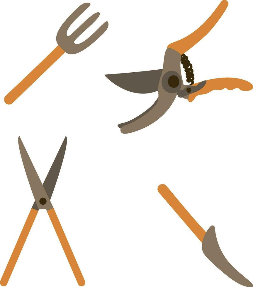 garden instruments of gardening fork, headge shears, scapula and pruners in a cute flat hand-drawn style vector