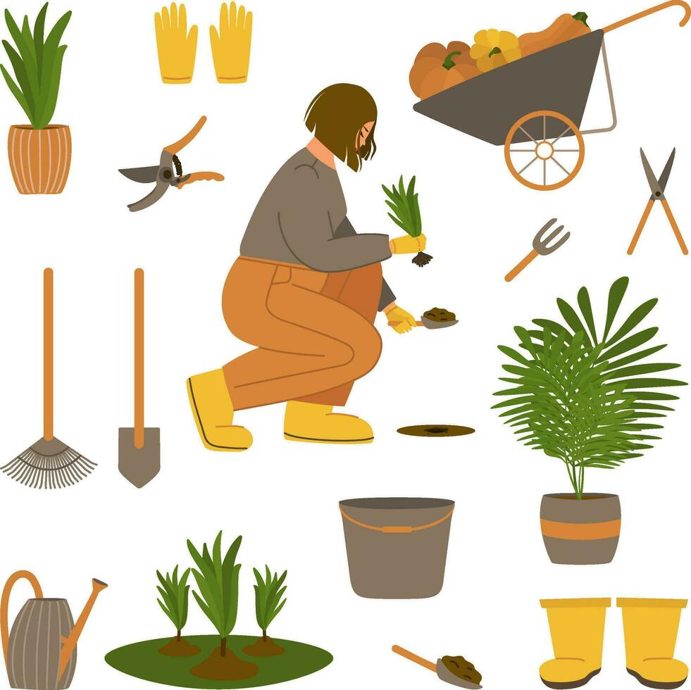 A set of gardening tools and equipment in a cute flat  hand-drawn style vector