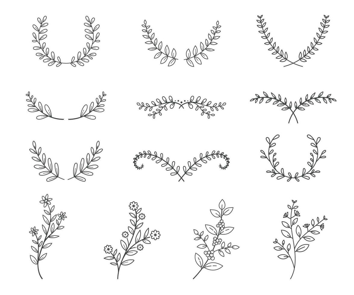 set of tree branches with leaves and flowers line style on white background vector