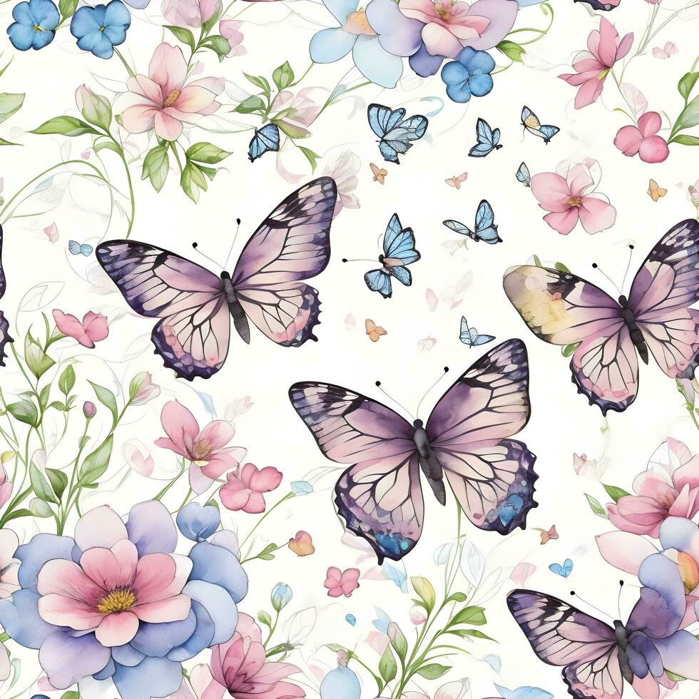 Ai generative seamless pattern artistic butterfly and flowers background, watercolor banner photo