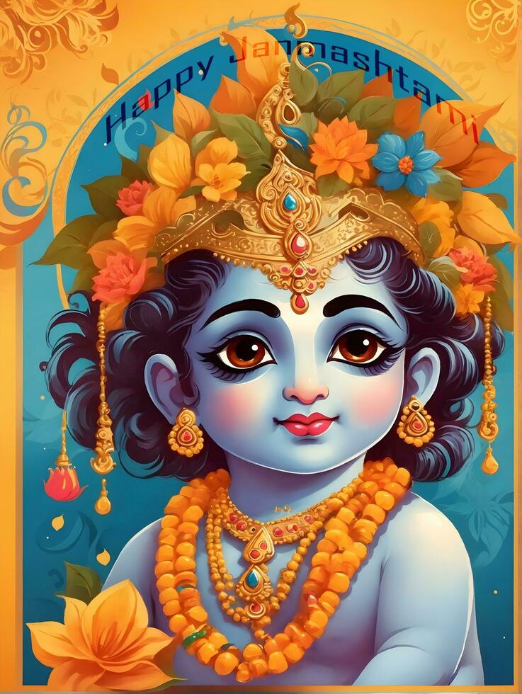 Ai generative Krishna Janmashtami illustration card design, background photo