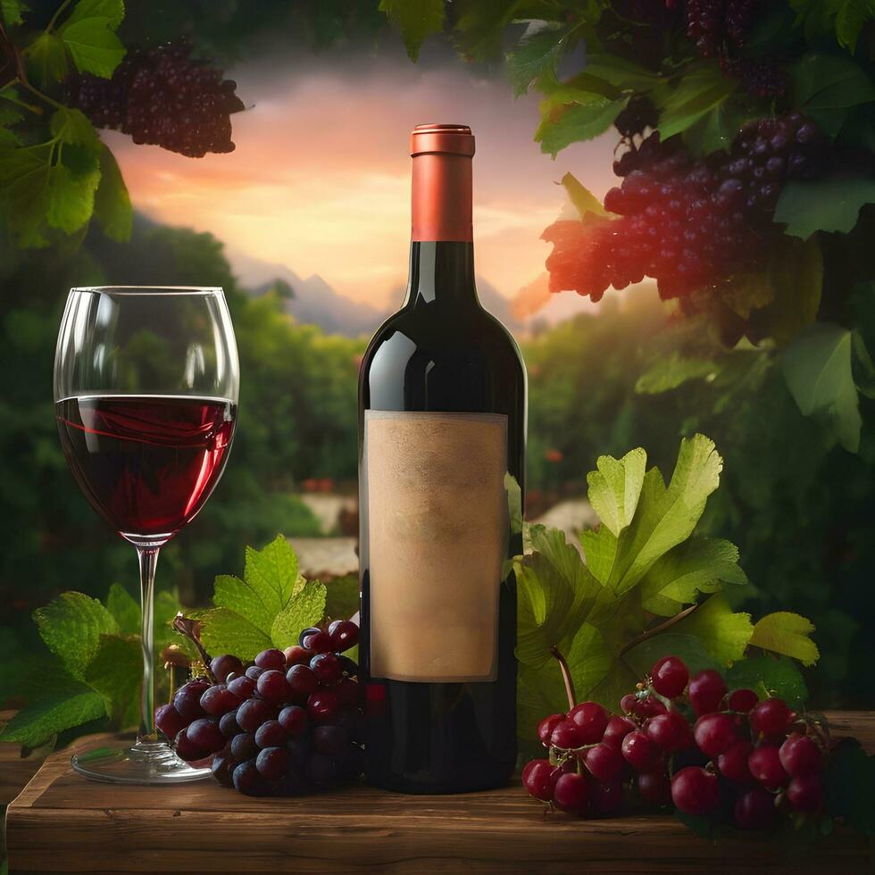 Ai generative Product photography, red vine bottle decorated with red grapes on rustic wooden table photo