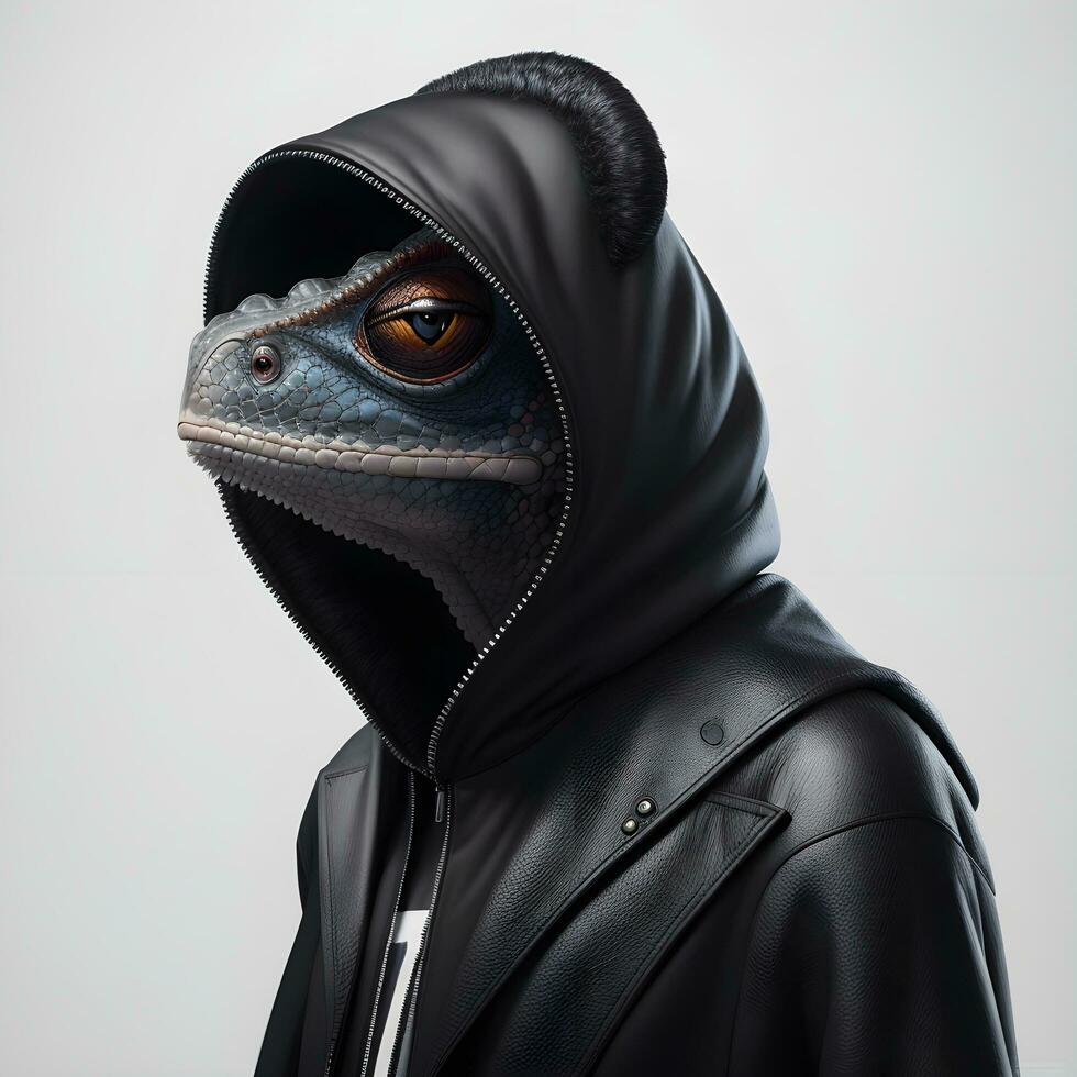 Portrait of futuristic lizard in black hoodie jacket on white background, nft style design photo