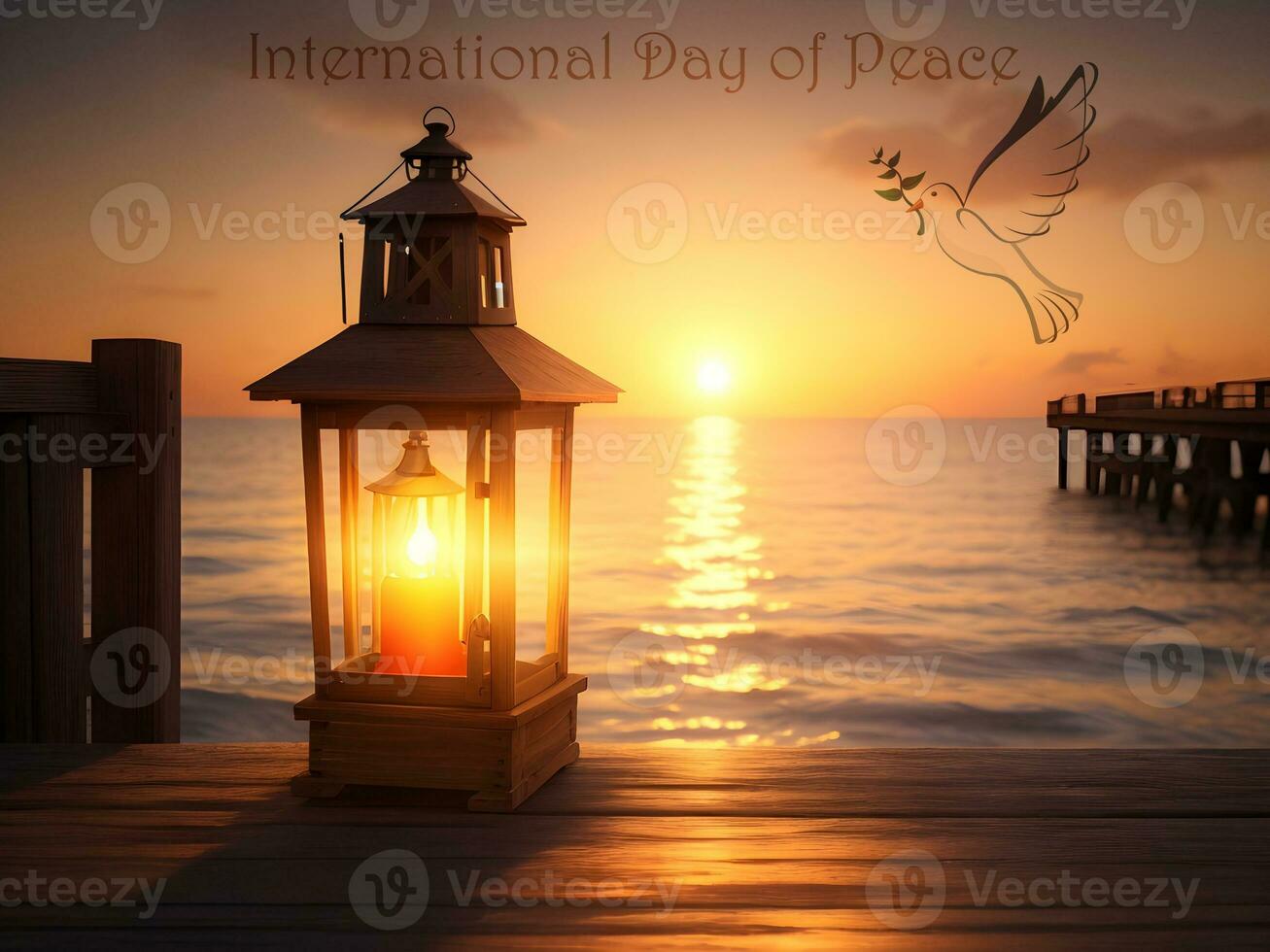 ai generado tarjeta diseño, antecedentes para internacional día de paz con linterna en de madera muelle a puesta de sol foto