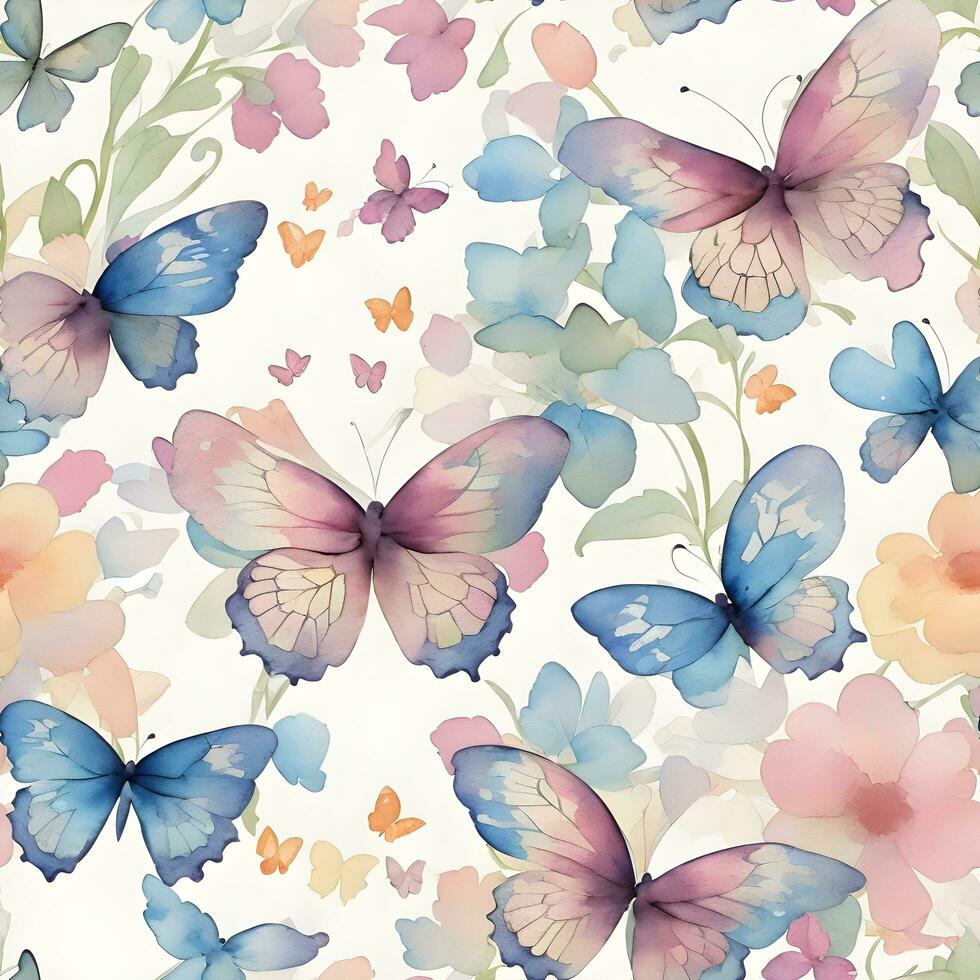 Ai generative seamless pattern artistic butterfly and flowers background, watercolor banner photo