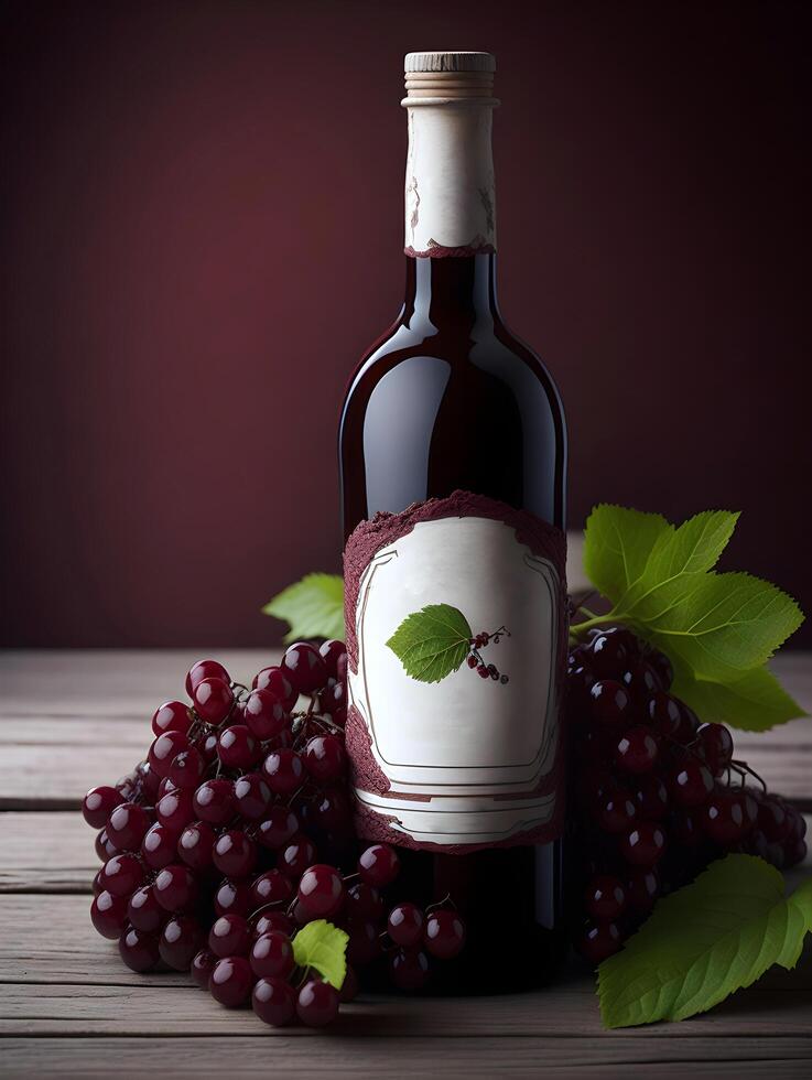 Product photography, red vine bottle decorated with red grapes on rustic wooden table photo