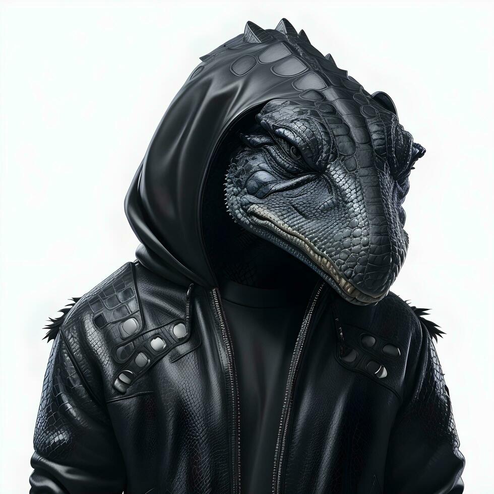 Portrait of futuristic lizard in black hoodie jacket on white background, nft style design photo