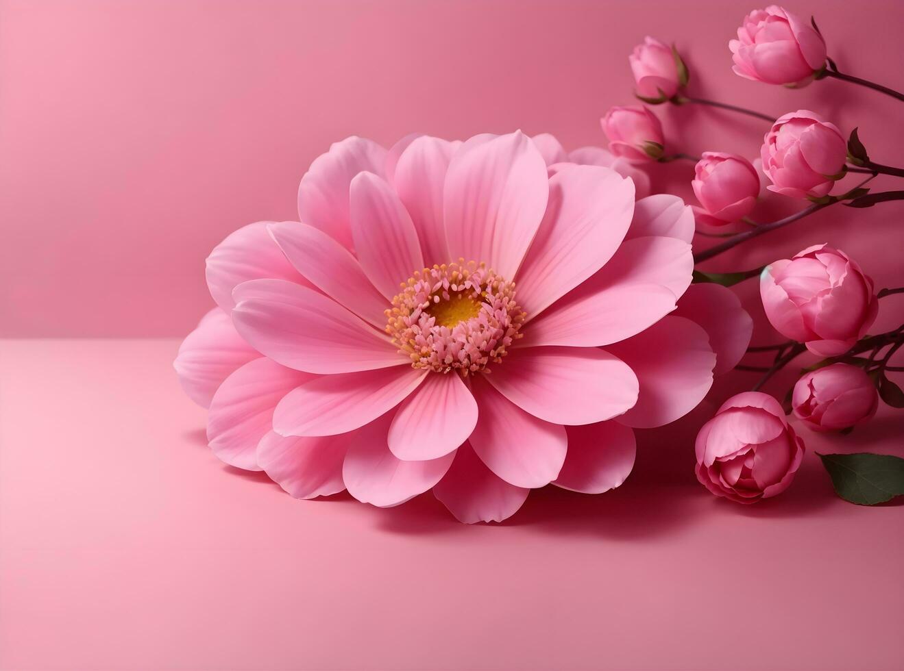 Ai generative pink background design with pink flowers, banner with copy space text photo