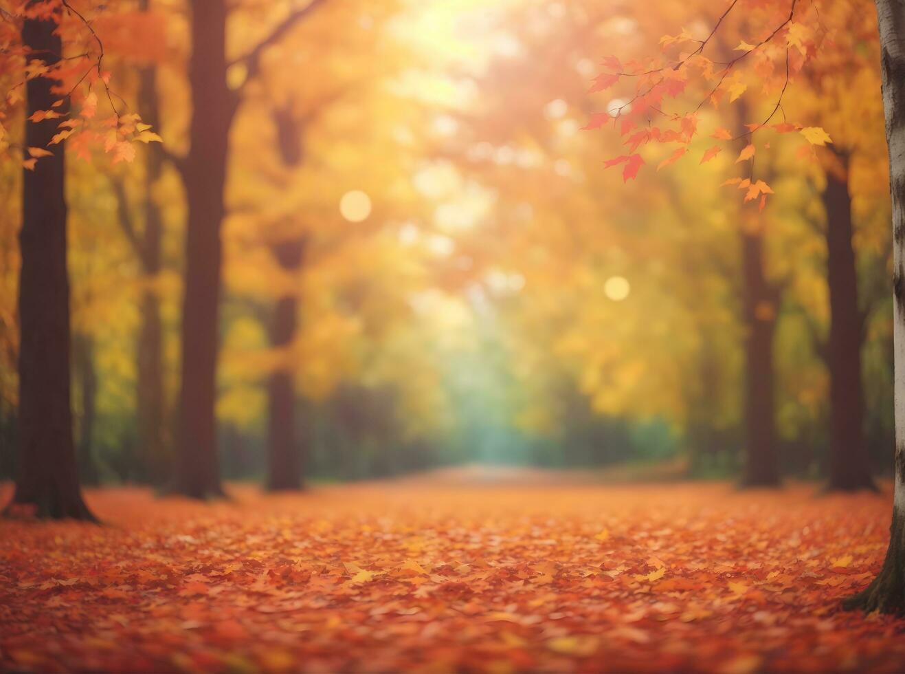 Ai generative autumn seasonal aesthetics background banner design with fall leaves in tr forest photo
