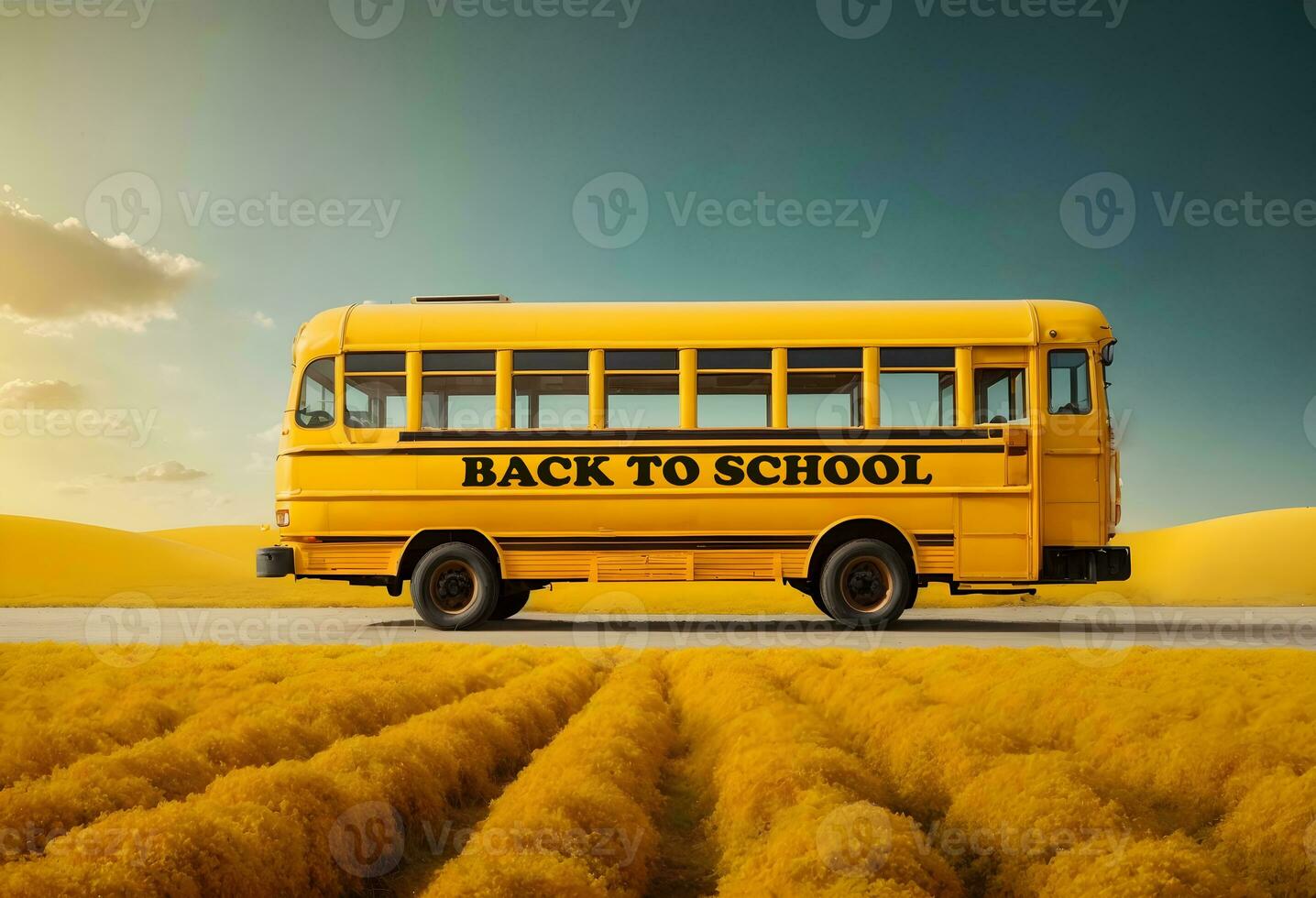 Ai generative yellow school bus, back to school concept, banner design photo