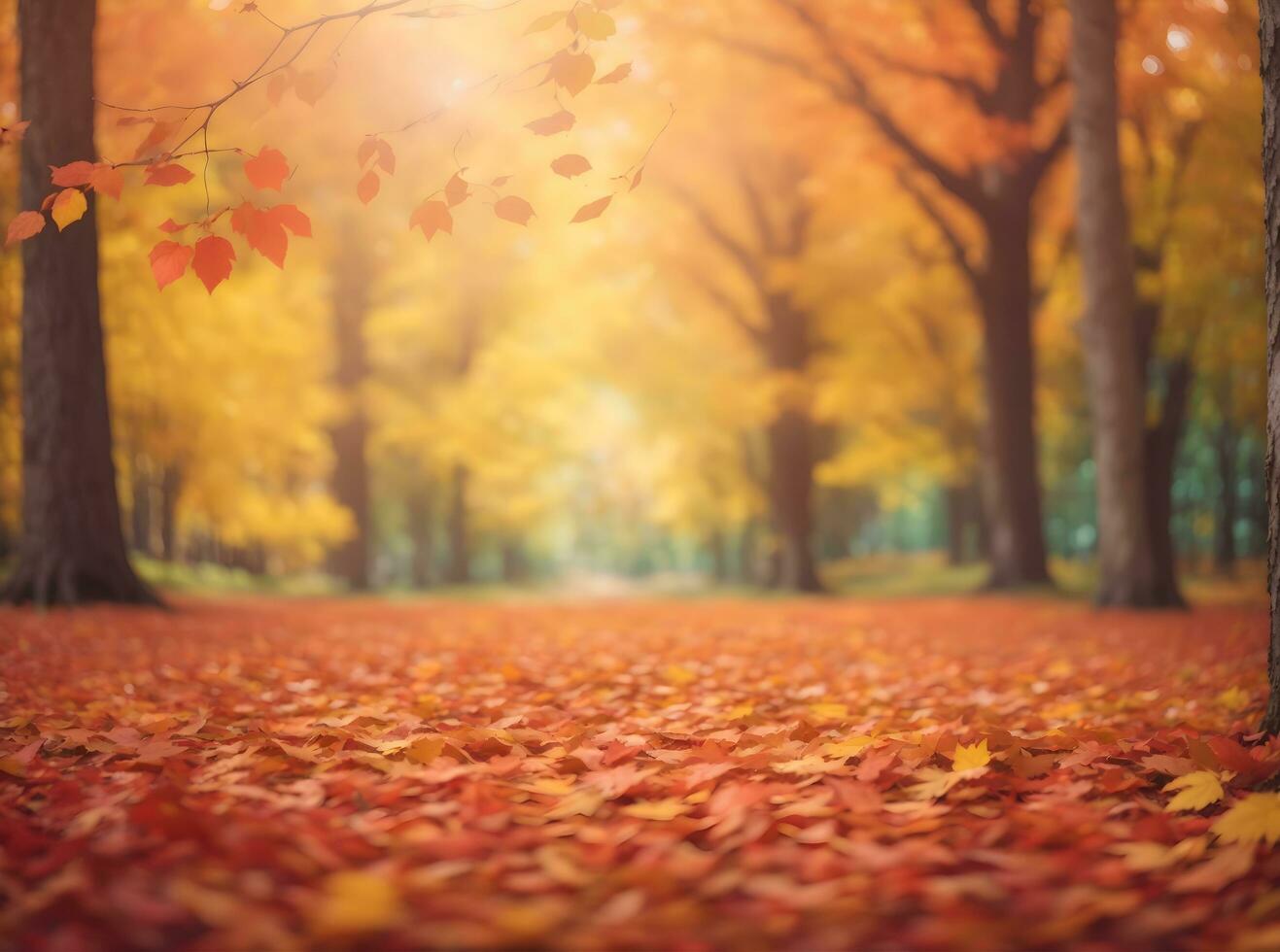 Ai generative autumn seasonal aesthetics background banner design with fall leaves in tr forest photo