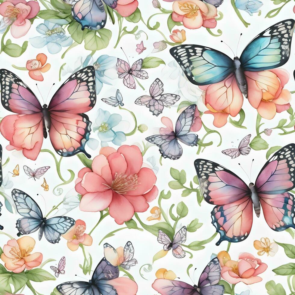 Ai generative seamless pattern artistic butterfly and flowers background, watercolor banner photo