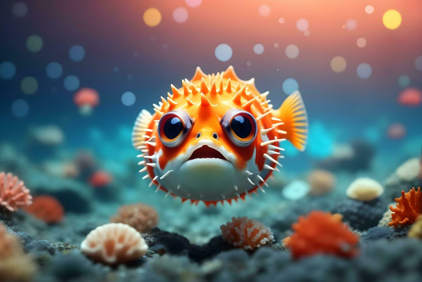 Ai generative cute colorful funny puffer fish portrait on the bottom of the ocean background design, wallpaper photo