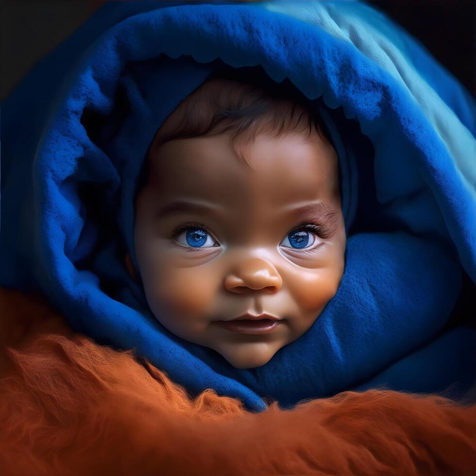 Portrait of adorable black baby doll with blue eyes wrapped in teal and orange blanket photo