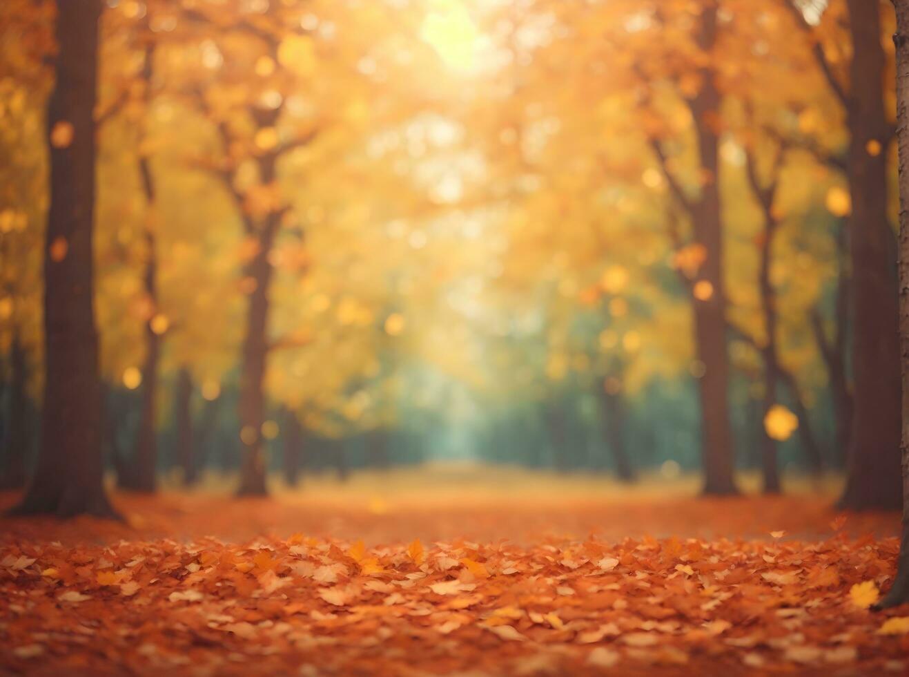 Ai generative autumn seasonal aesthetics background banner design with fall leaves in tr forest photo