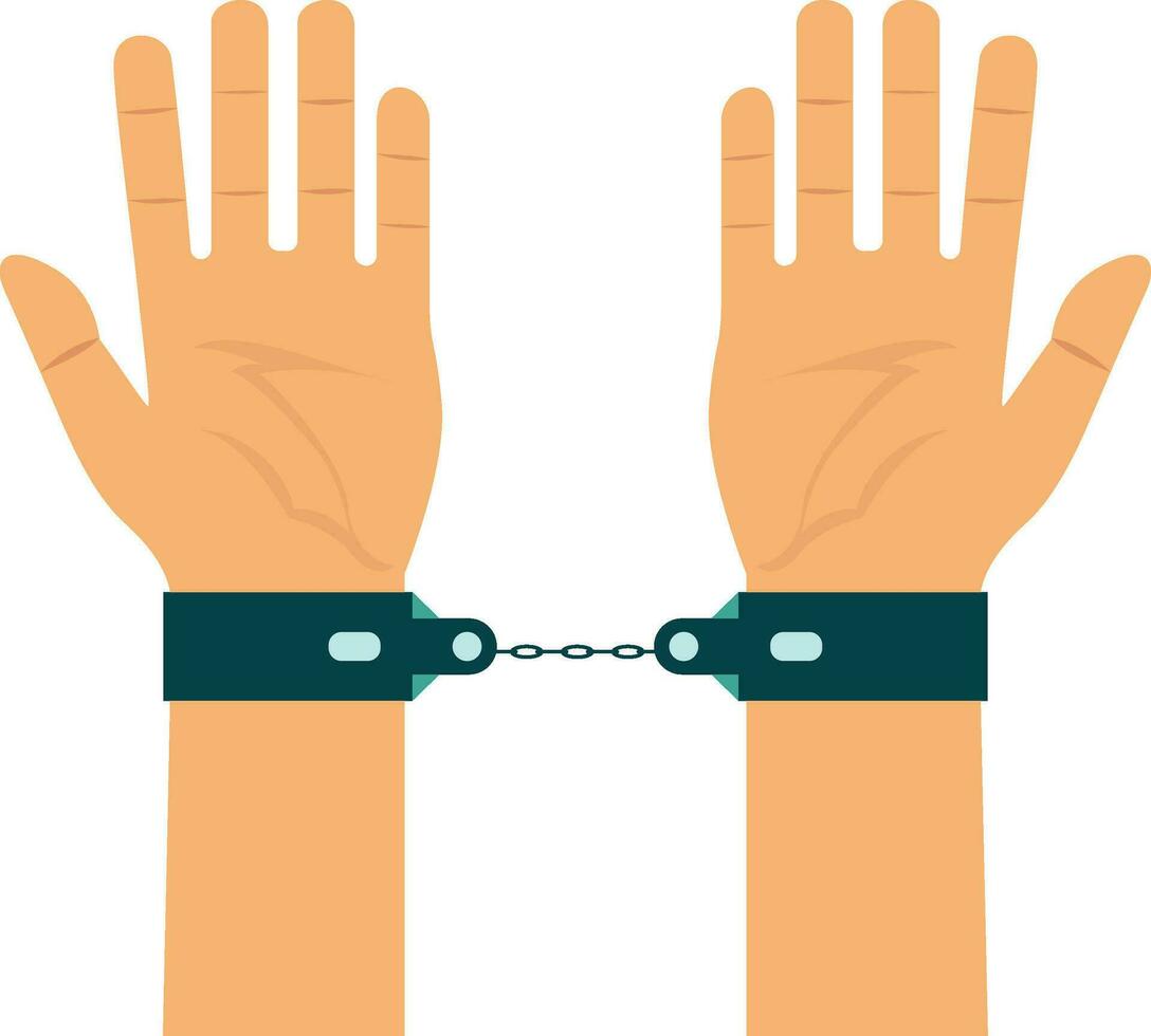 Hands in handcuffs flat style vector illustration, Hands tied together with handcuffs stock vector image